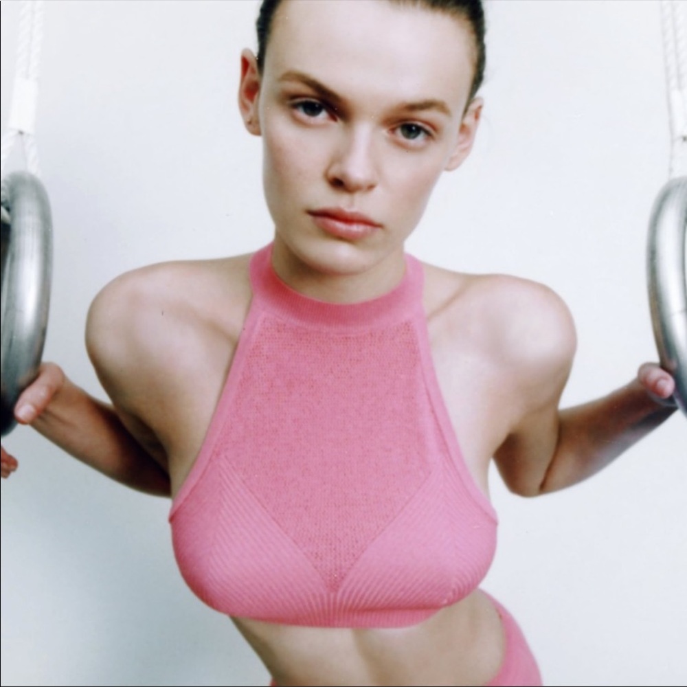 ZARA Pink Mesh Knit Stretch Halter Crop Top